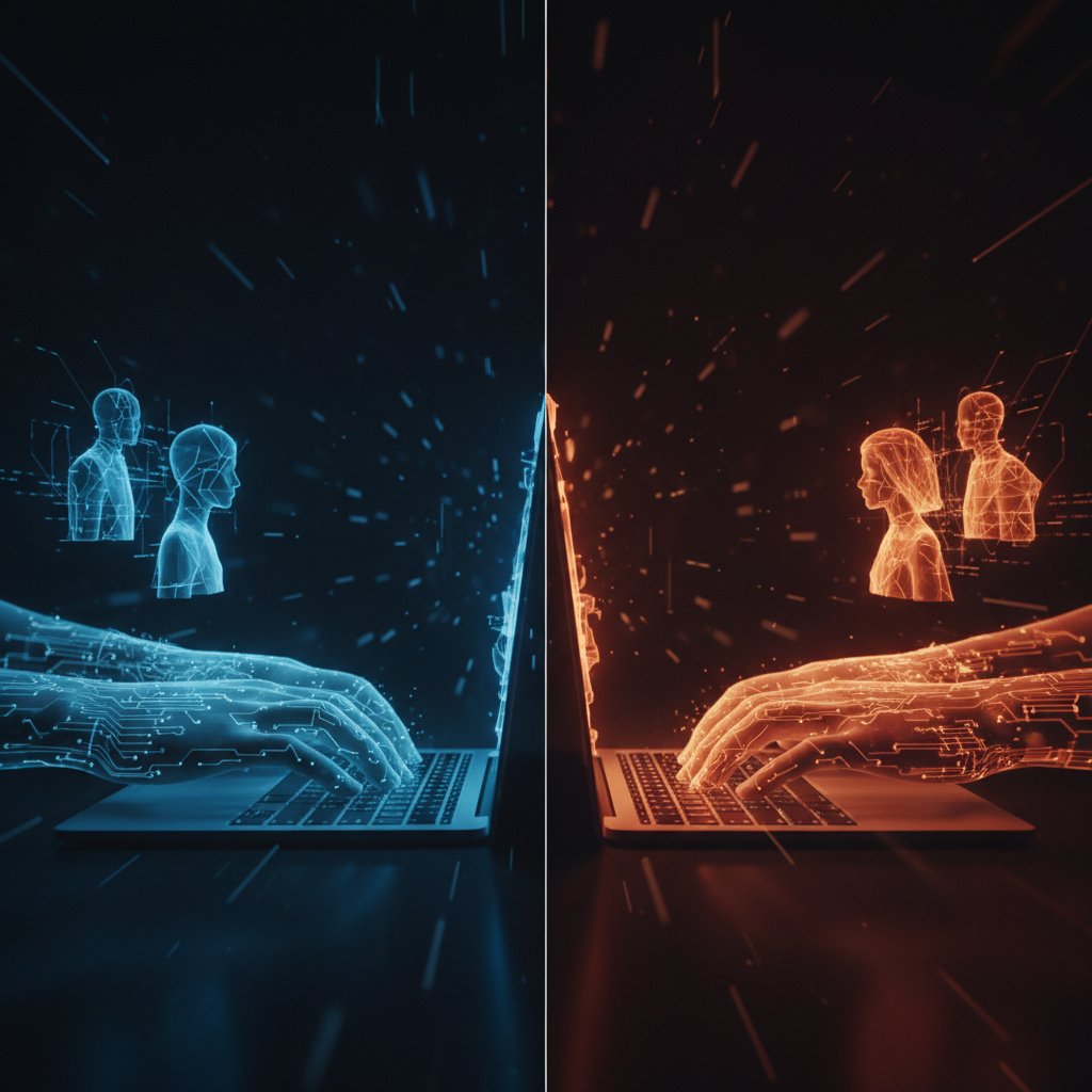 Dłonie na klawiaturze, nad monitorem cyfrowe awatary – symbol tożsamości online