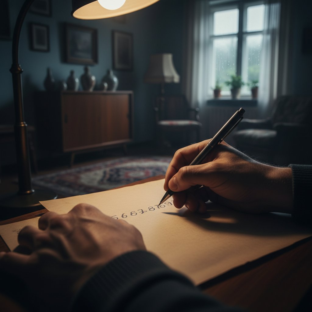 Dłonie zapisujące liczby na kartce, polskie mieszkanie, nastrojowe światło