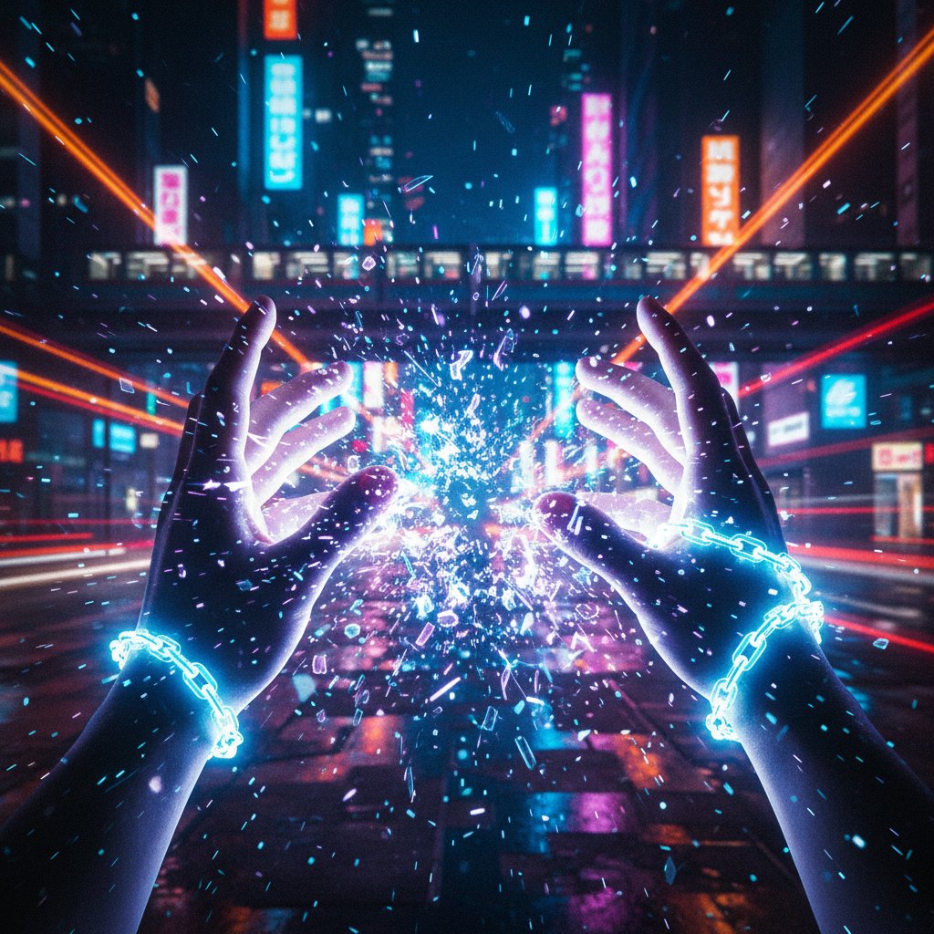 Ręce przełamujące niewidzialne łańcuchy jako symbol poczucia sprawczości i wolności psychologicznej