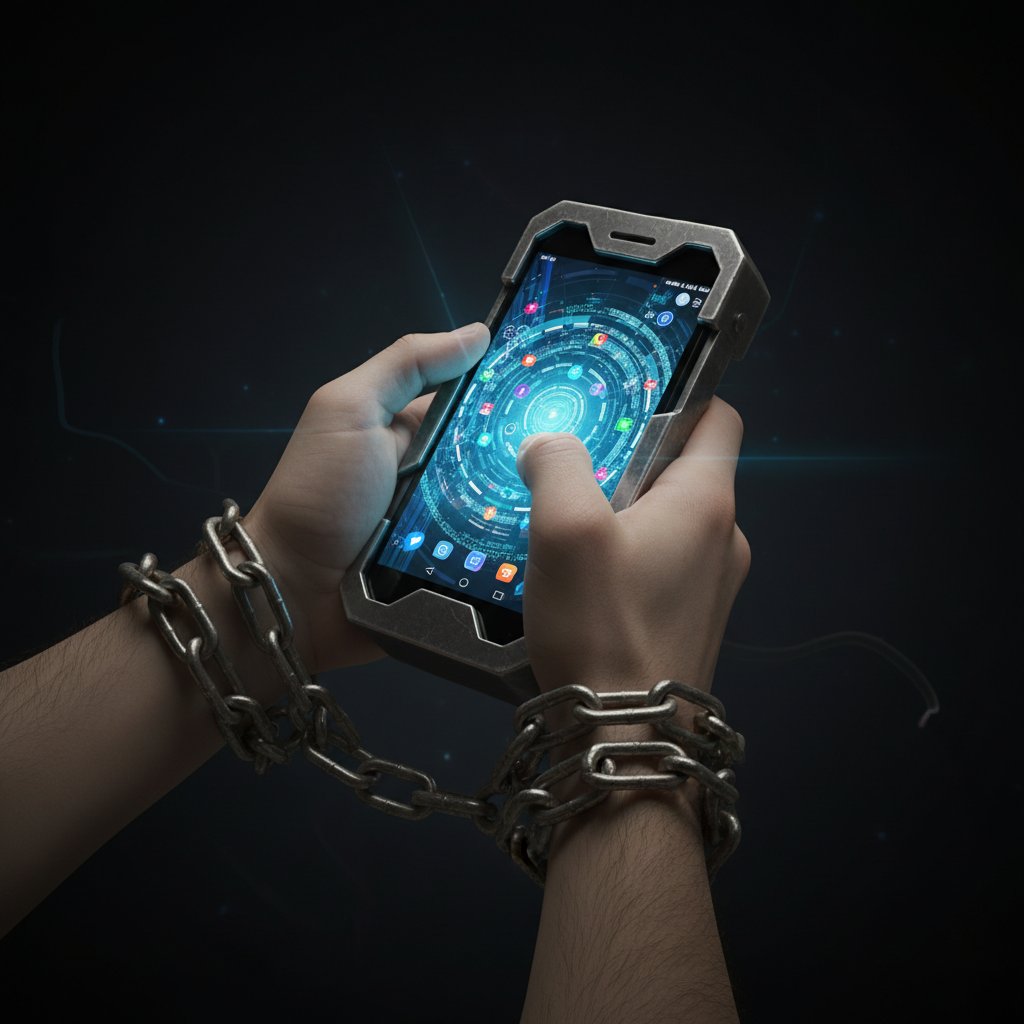 Symboliczne ujęcie dłoni przykutych do smartfona, mroczne tło i motyw uzależnienia od technologii