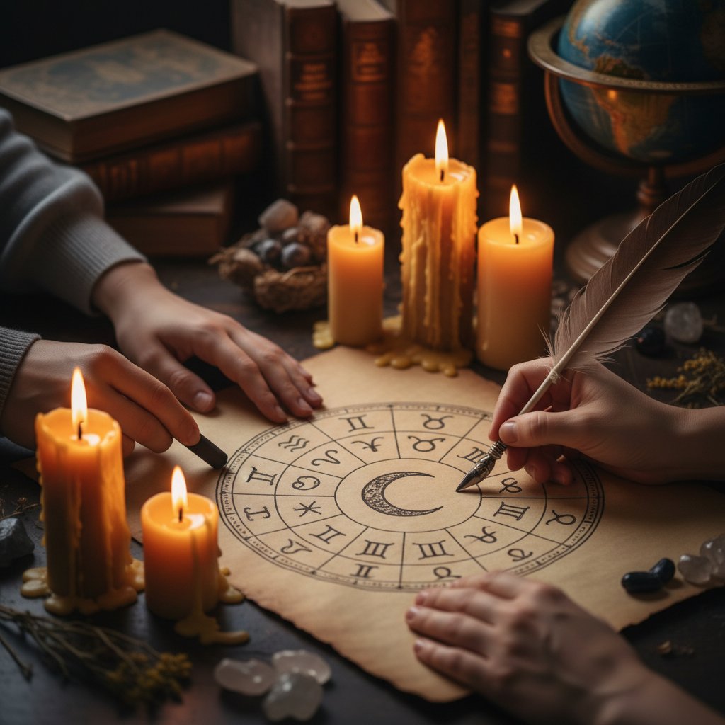 Ręce kreślące symbole astrologiczne przy świecach – horoskop dla osób z problemami w związkach