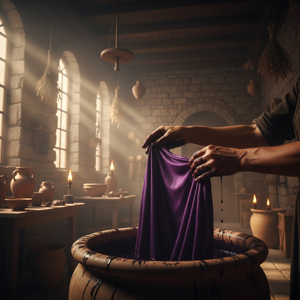 Ręce barwiące tkaninę na purpurowo w starożytnej pracowni, historia purpurowego barwnika