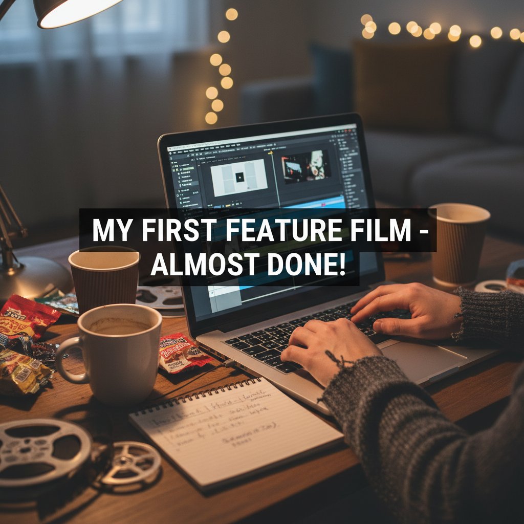 Hands editing amateur movie on laptop with coffee cups and notebooks, casual creative workspace