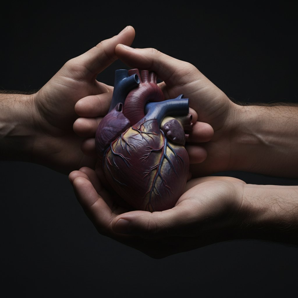 Symboliczna wymiana serca – ręce przekazujące organ na ciemnym tle