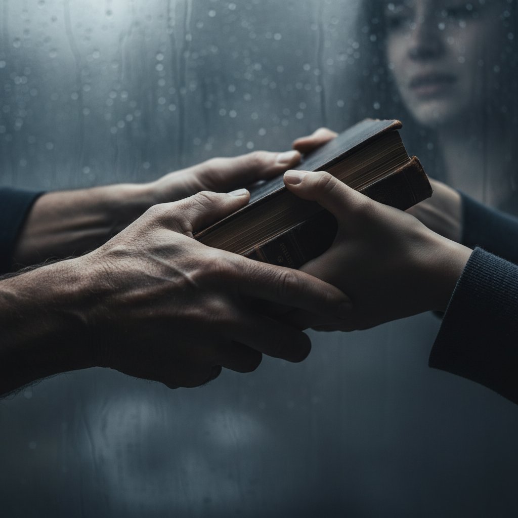 Zdjęcie rąk wymieniających się książką, wyczuwalne napięcie emocjonalne, intymna scena prezentu książkowego