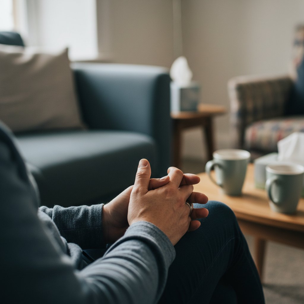 Dłonie klienta podczas sesji hipnozy, skupione w geście relaksu na tle terapii