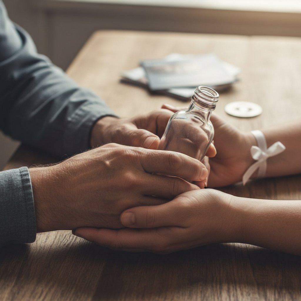 Rece dwóch osób ściskające się na znak wsparcia, symboliczna pomoc w uzależnieniu od alkoholu