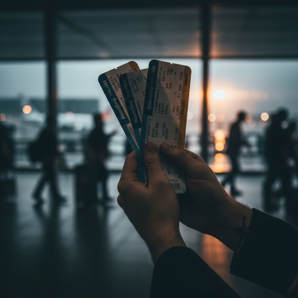 Hands holding two boarding passes, one marked 'free', in a moody airport, highlighting companion ticket psychology