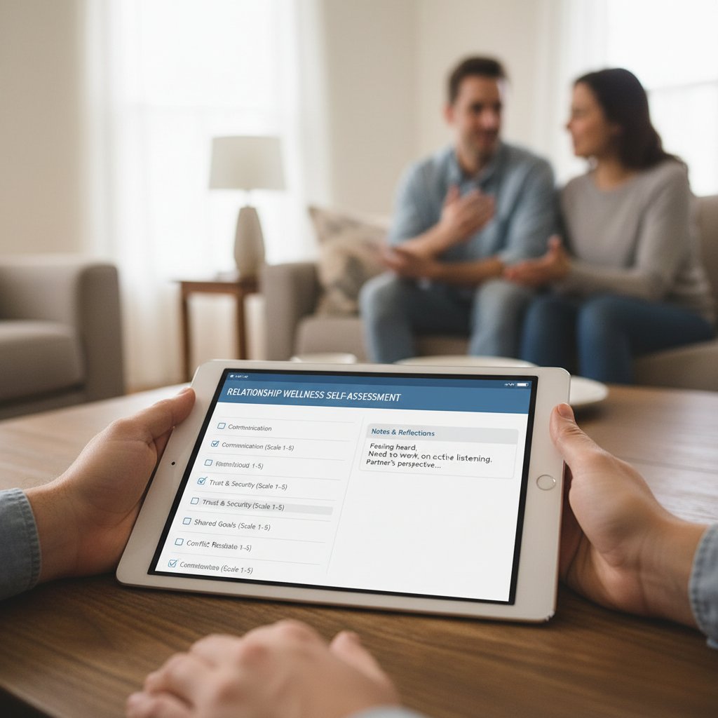 Photo close-up of hands holding a checklist on a digital tablet interface, neutral background, illustrating self-assessment before starting online relationship counseling