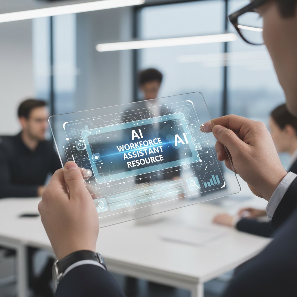 Employee with digital AI workforce assistant resource guide, hands holding information guide, productivity, AI future