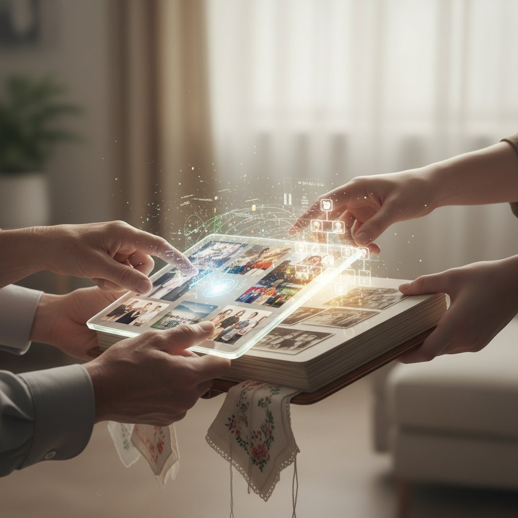 Hands holding digital and physical mementos, passing between generations, emotional documentary, digital memorial connection
