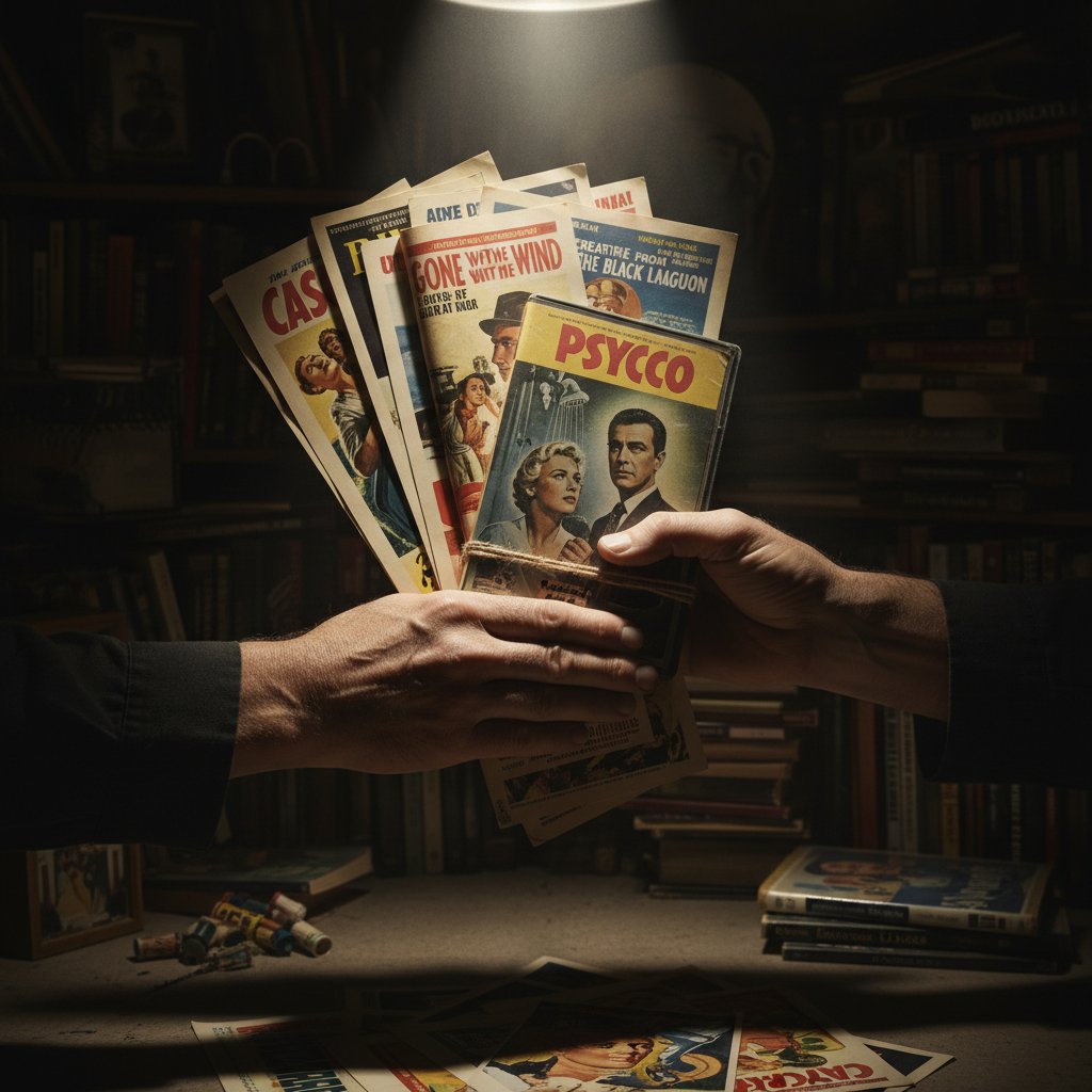 Close-up photo of hands holding a rare DVD, dramatic lighting, vintage movie posters in background