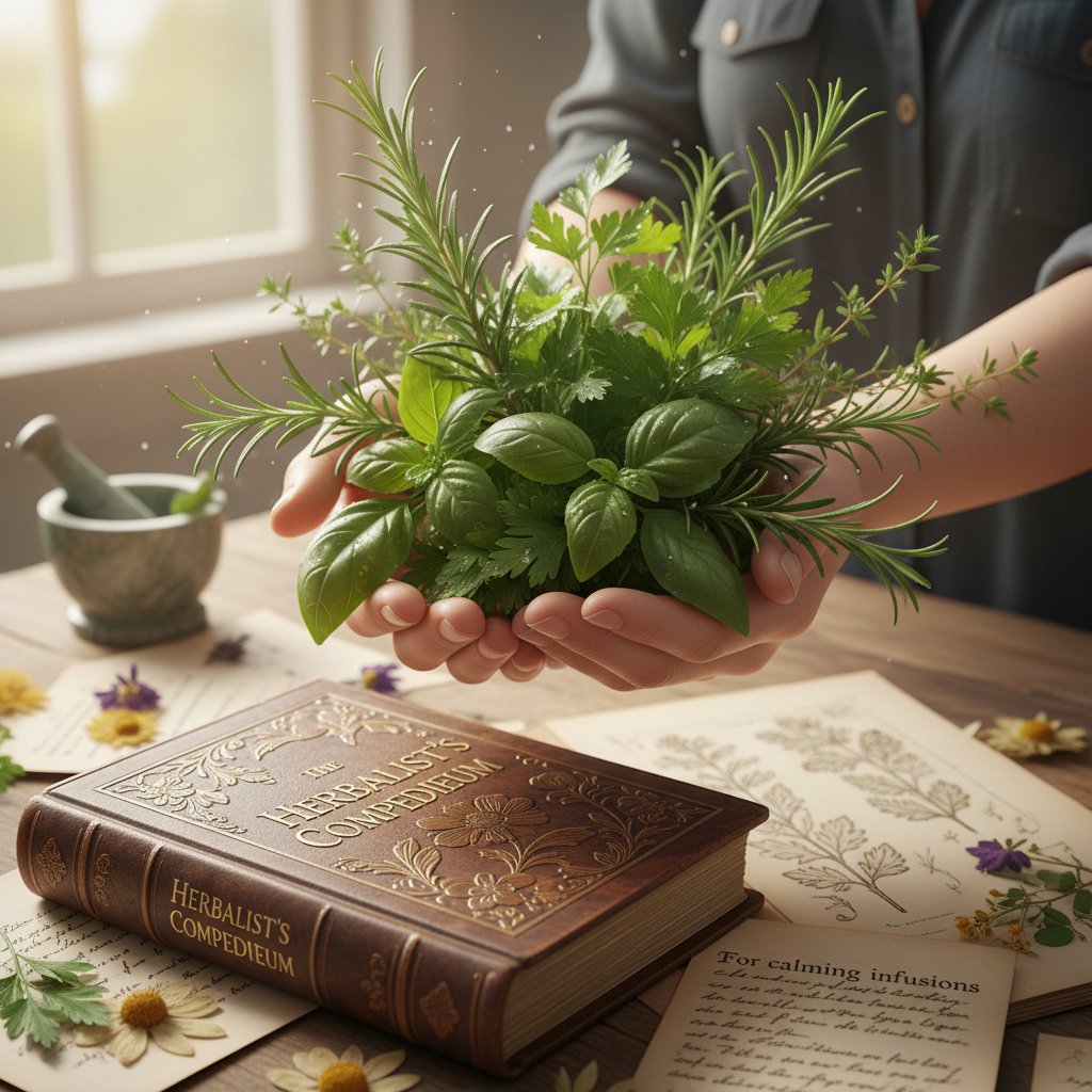 Zbliżenie na ręce trzymające świeże zioła, w tle książka zielarska i notatki