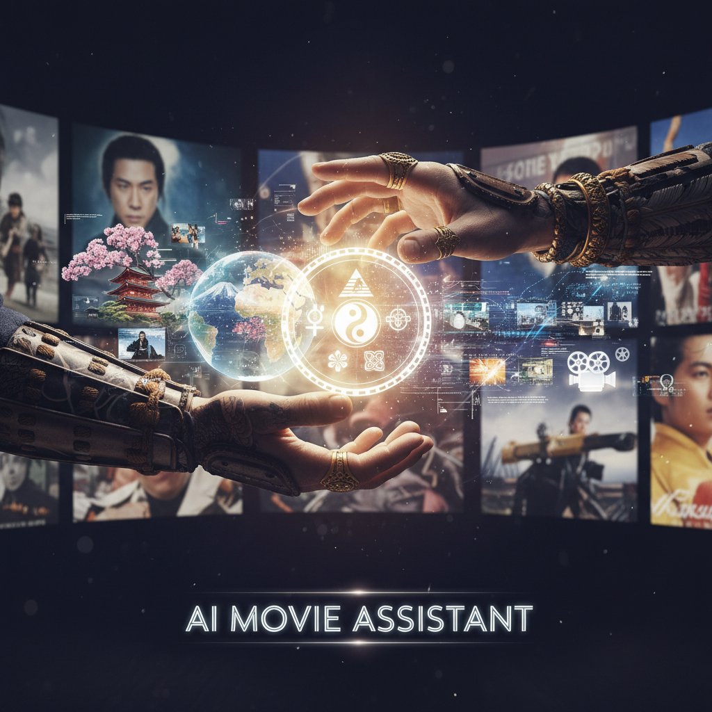 Close-up of diverse hands interacting with AI-powered movie assistant on tablet, surrounded by cultural symbols and film stills