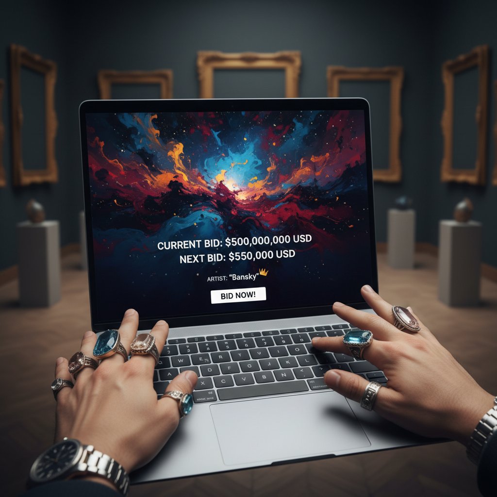 Ręce na klawiaturze laptopa, na ekranie widać fałszywą aukcję sztuki online