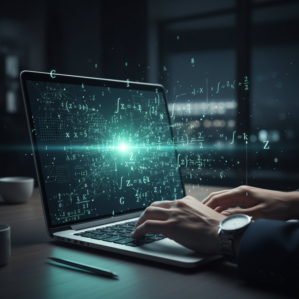 Zbliżenie na dłonie pracujące na laptopie z widocznymi symbolami matematycznymi, funkcje matematyczne online w praktyce