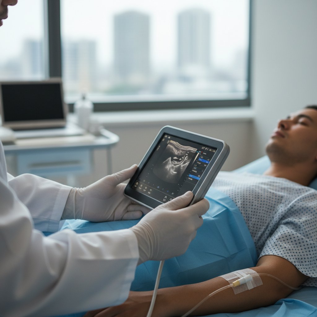 Ręce pacjenta z nowoczesnym urządzeniem medycznym