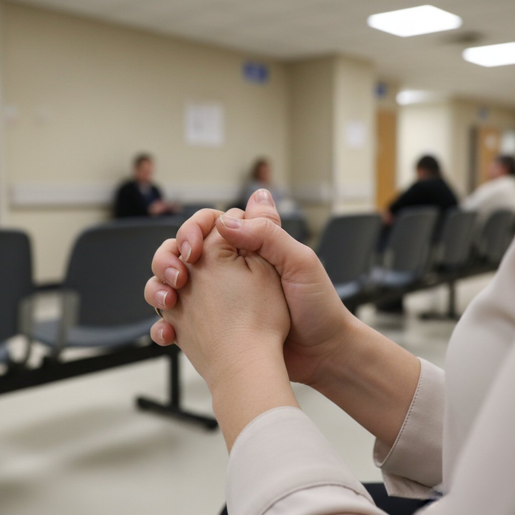 Zestresowane dłonie kobiety przed biopsją piersi, czekająca w szpitalnej poczekalni