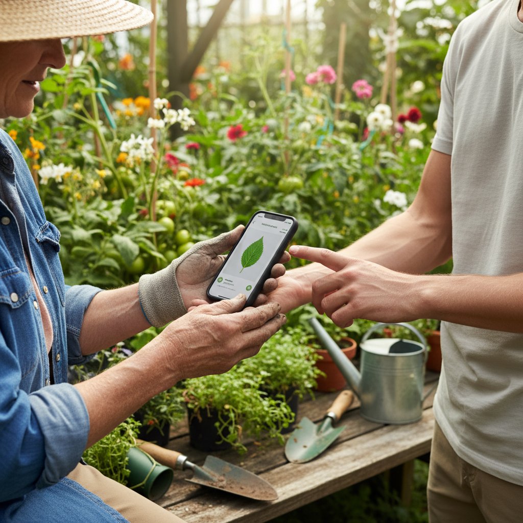 Dłonie starszego i młodszego ogrodnika z telefonem – tradycja i technologia w ogrodnictwie