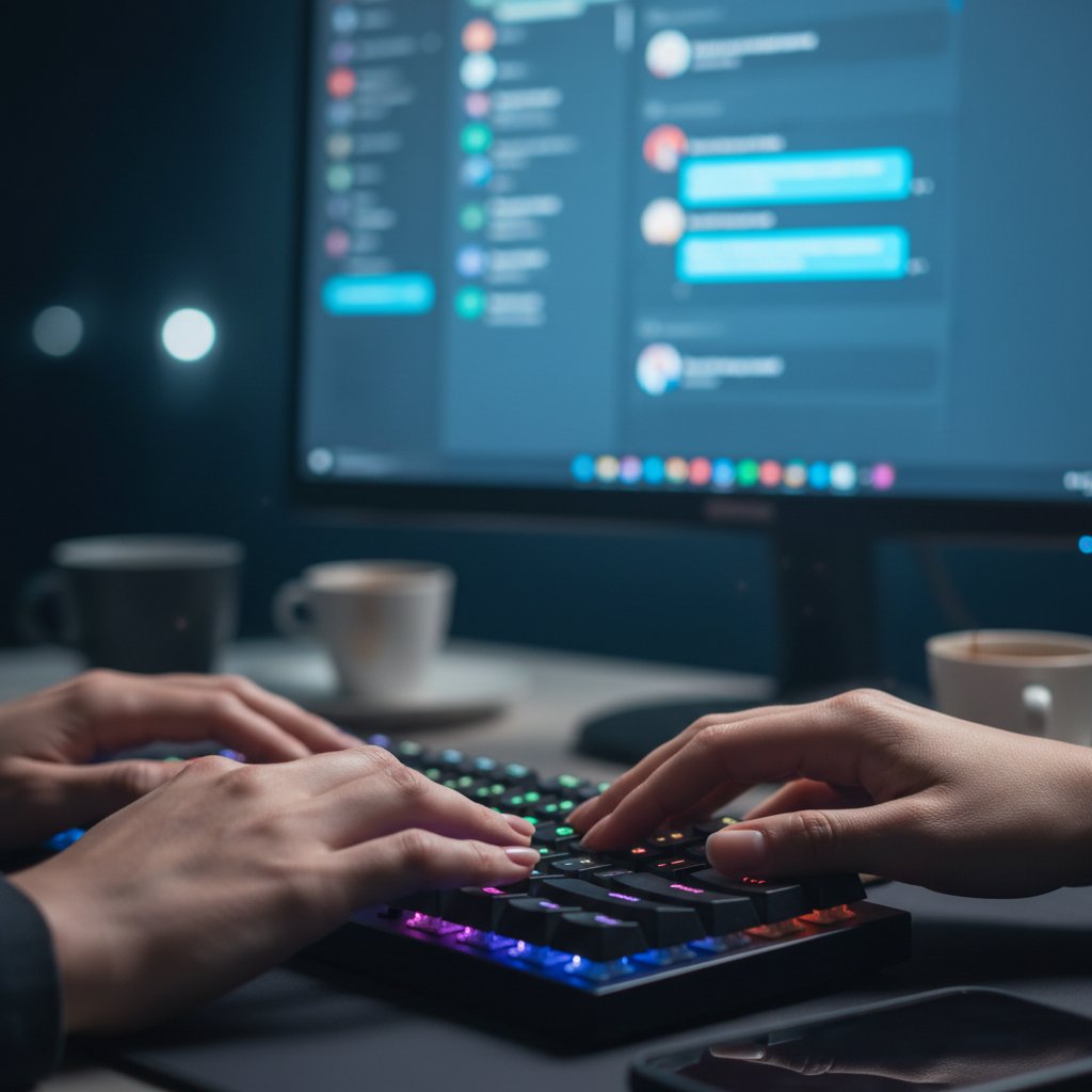 Zbliżenie rąk nad klawiaturą podczas rozmowy online – symbolika budowania zaufania w sieci