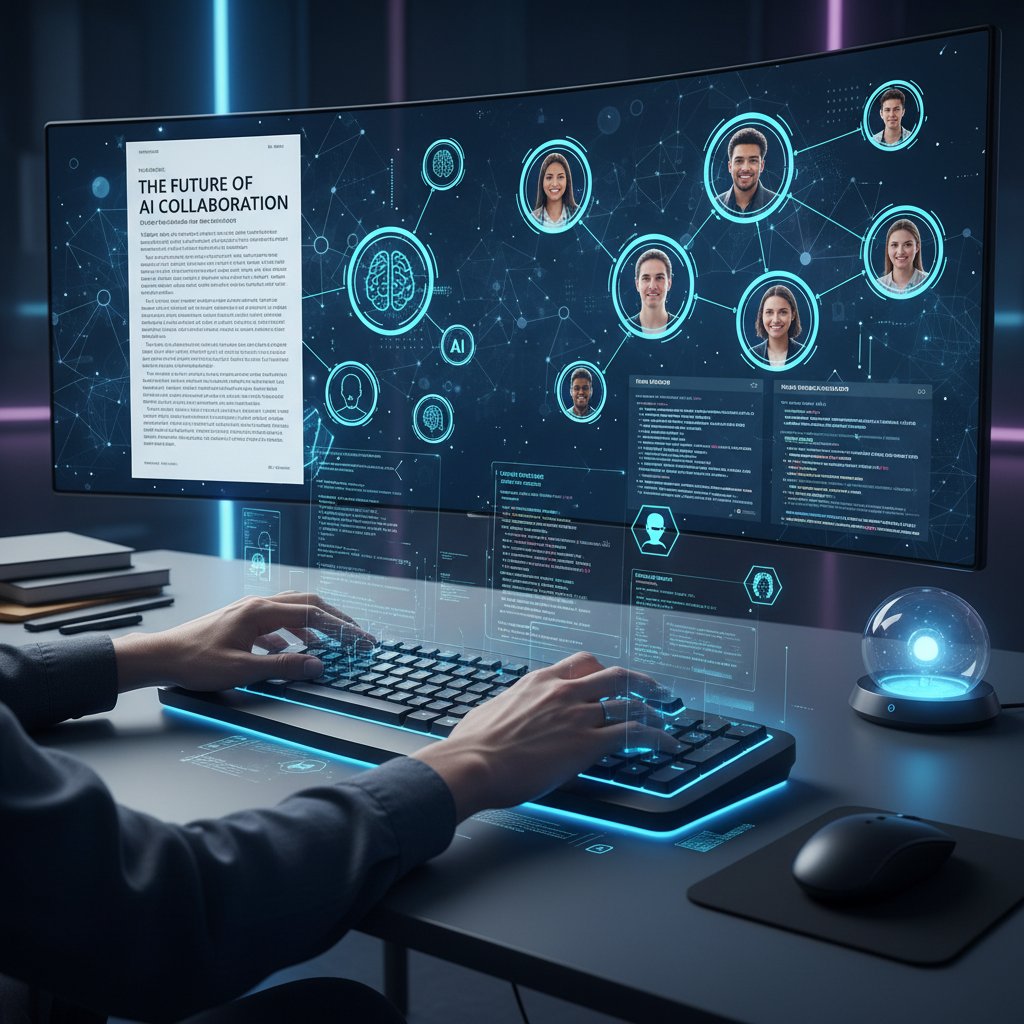 Ręce na klawiaturze z ikonami AI i współpracy