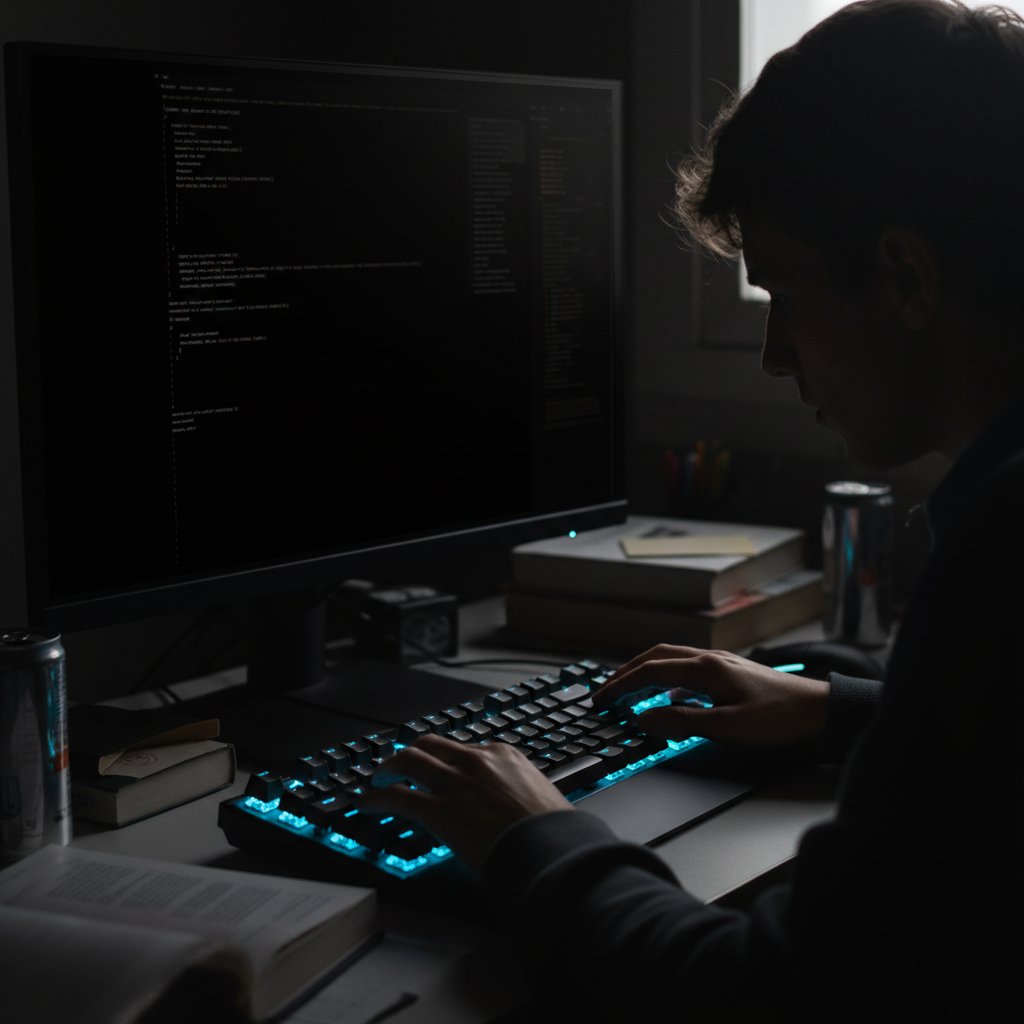 Uczeń kontrapunktu online w skupieniu przed ekranem, dłonie na klawiaturze, odbicie w ciemnym monitorze