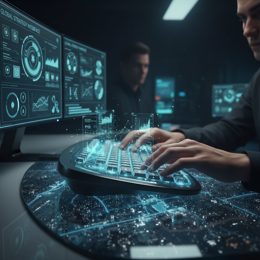 Zbliżenie na dłonie człowieka i klawiaturę podczas korzystania z symulatora planowania strategicznego