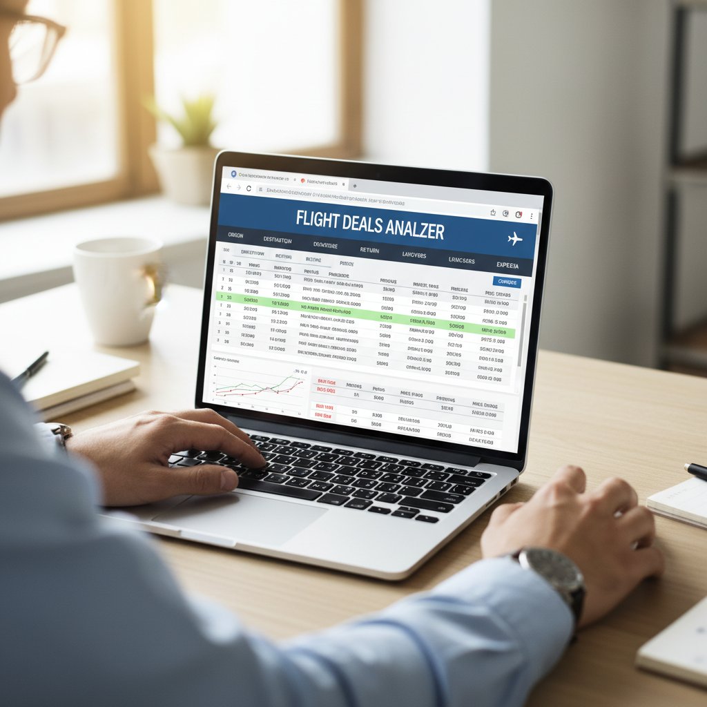 Traveler comparing flight prices on multiple tabs, hands on laptop, illustrating actionable flight deals analysis strategies