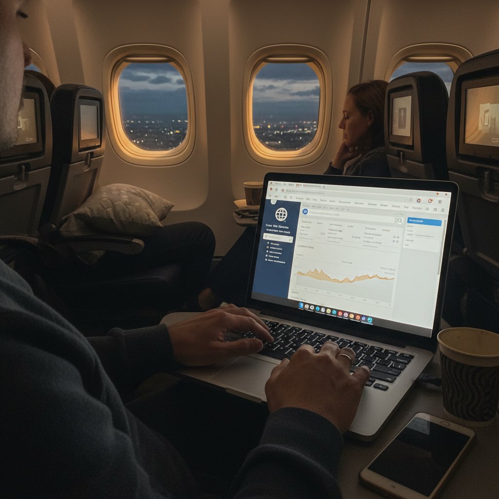 Close-up of hands on laptop, researching travel deals at night, flight cost tracking insights