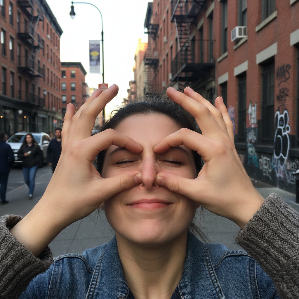 Ręce uciskające nos w miejskim otoczeniu, kontekst krwawienia z nosa