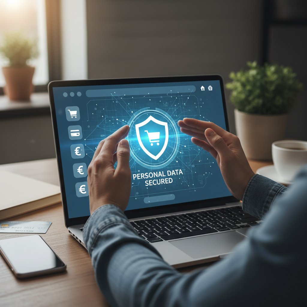 Bezpieczeństwo danych osobowych podczas zakupów online – symboliczne ręce chroniące laptop z danymi