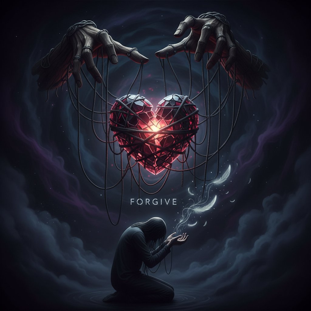 Photo of hands holding puppet strings with a broken heart dangling, symbolizing emotional manipulation in forgiveness, dark background, edgy 16:9