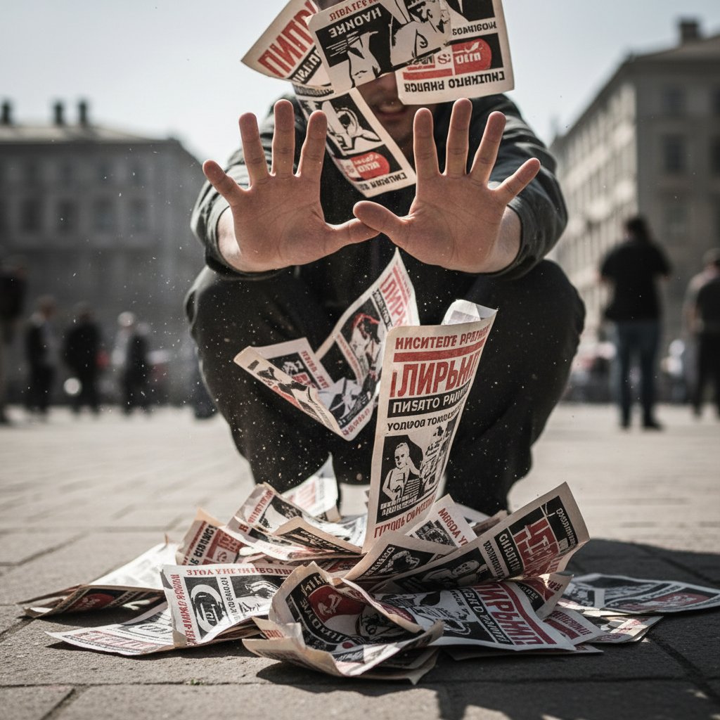 Ręce odpychające propagandowe ulotki – szarlataneria, blokady energetyczne, manipulacja