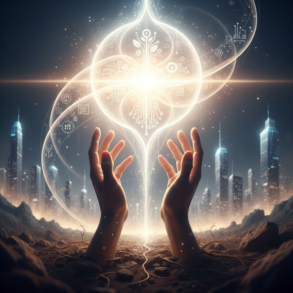 Symboliczna wizja przyszłości terapii energetycznych, dłonie sięgające światła