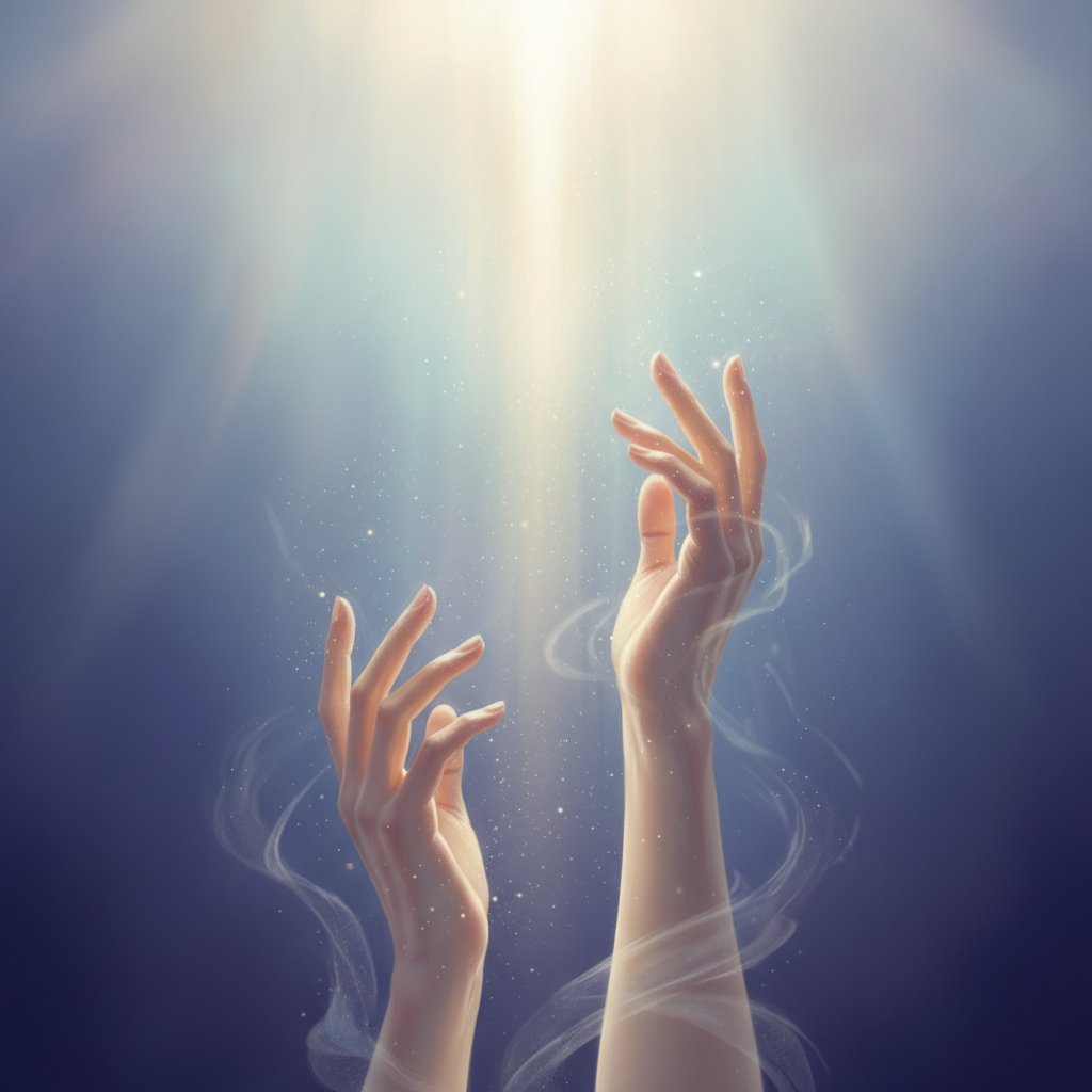 Poetic visual metaphor: Hands reaching toward ethereal light, cinematic framing, soft glow, movie film poem mood