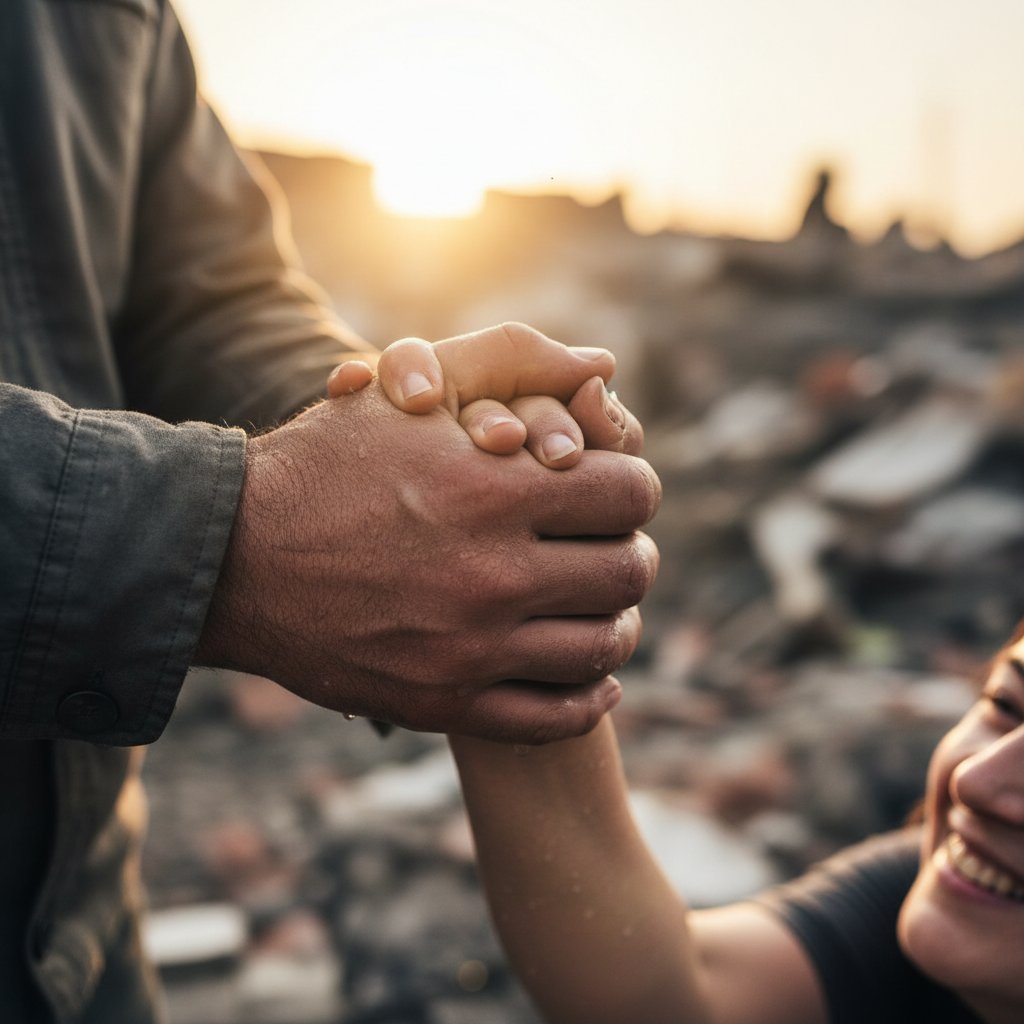 Radość po udanej akcji ratunkowej, splecione dłonie w geście ulgi