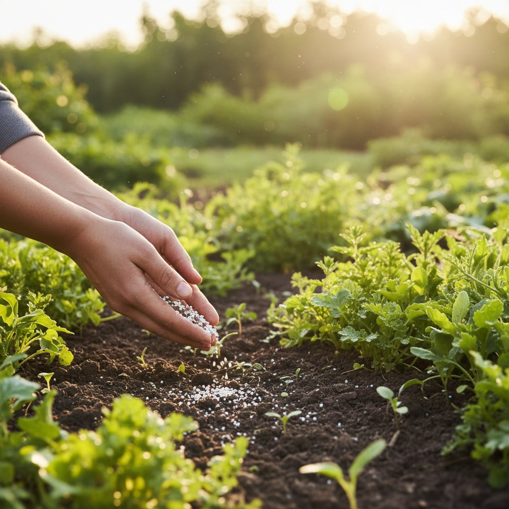 Ręce rozsypujące granulat nawozu na ciemnej ziemi ogrodu, w tle zielone rośliny, wschód słońca