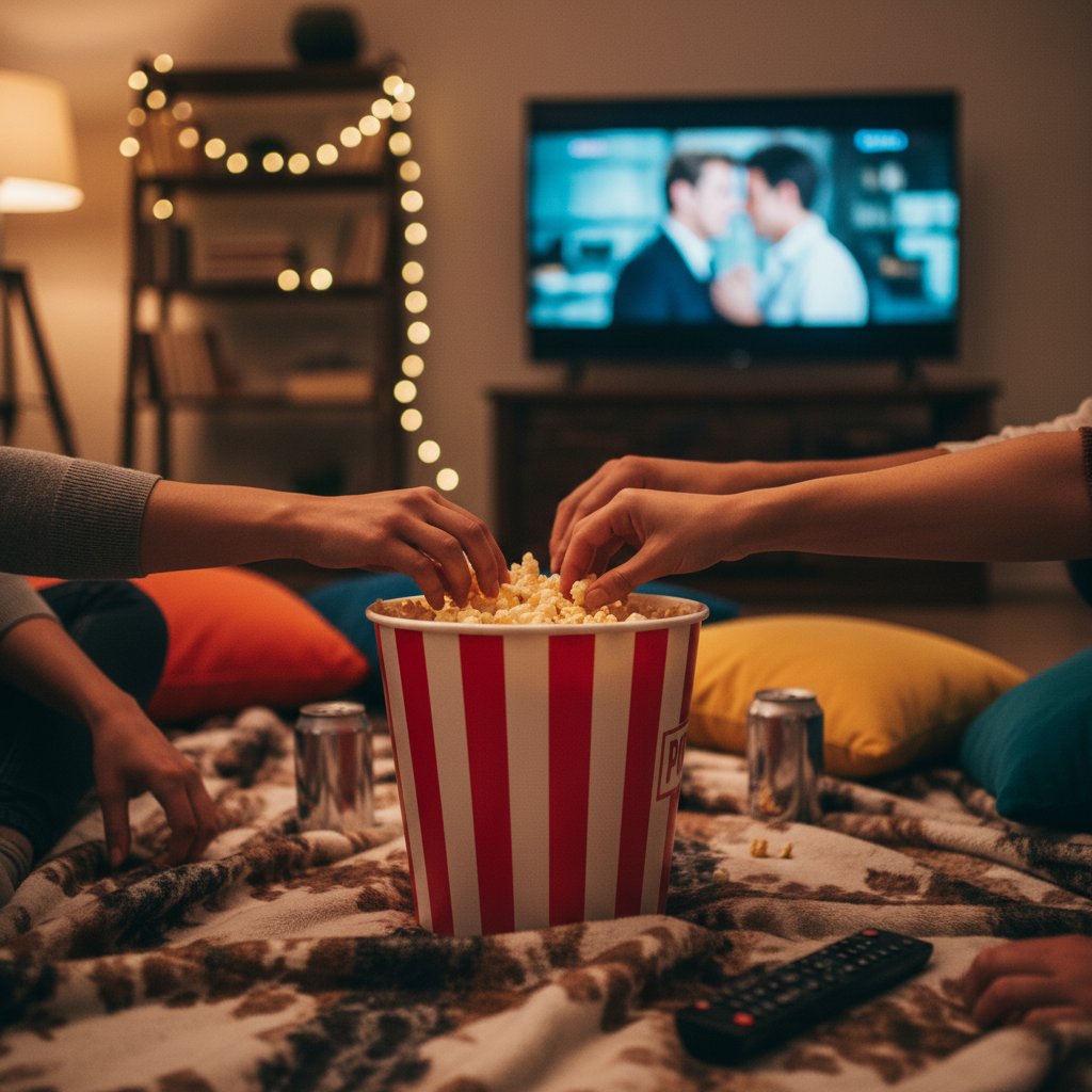 Hands sharing popcorn during movie watch party, close-up, cozy atmosphere, movie watch parties keyword featured