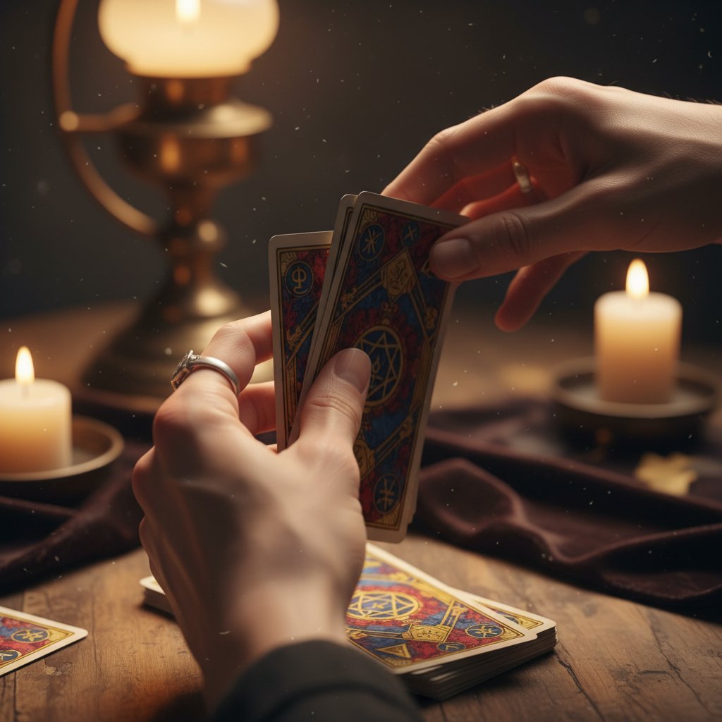 Ręce tasujące karty tarota, zbliżenie na technikę
