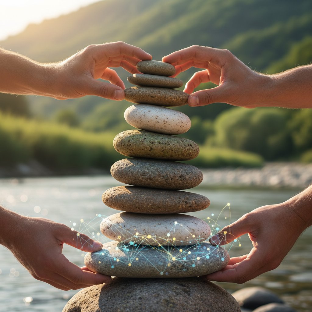 Hands stacking stones, each labeled with a trust trait, representing the process of building relationship trust