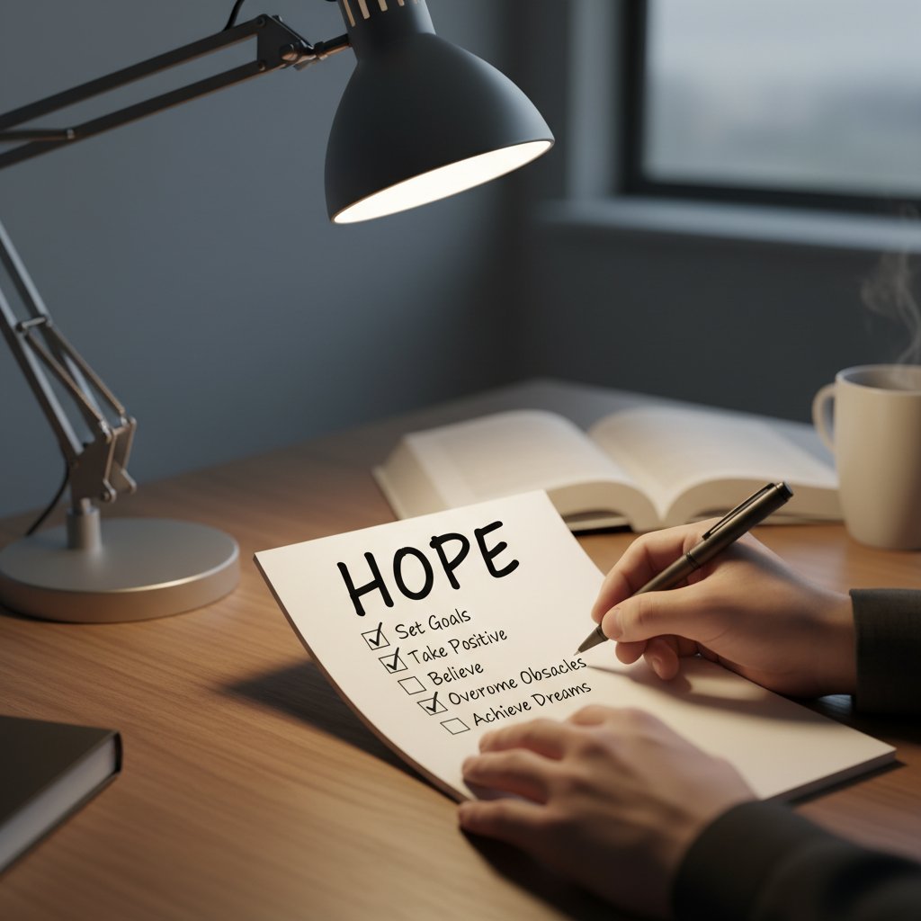 Odhaczanie listy kontrolnej efektywnej nauki, wieczorne światło, symboliczna nadzieja