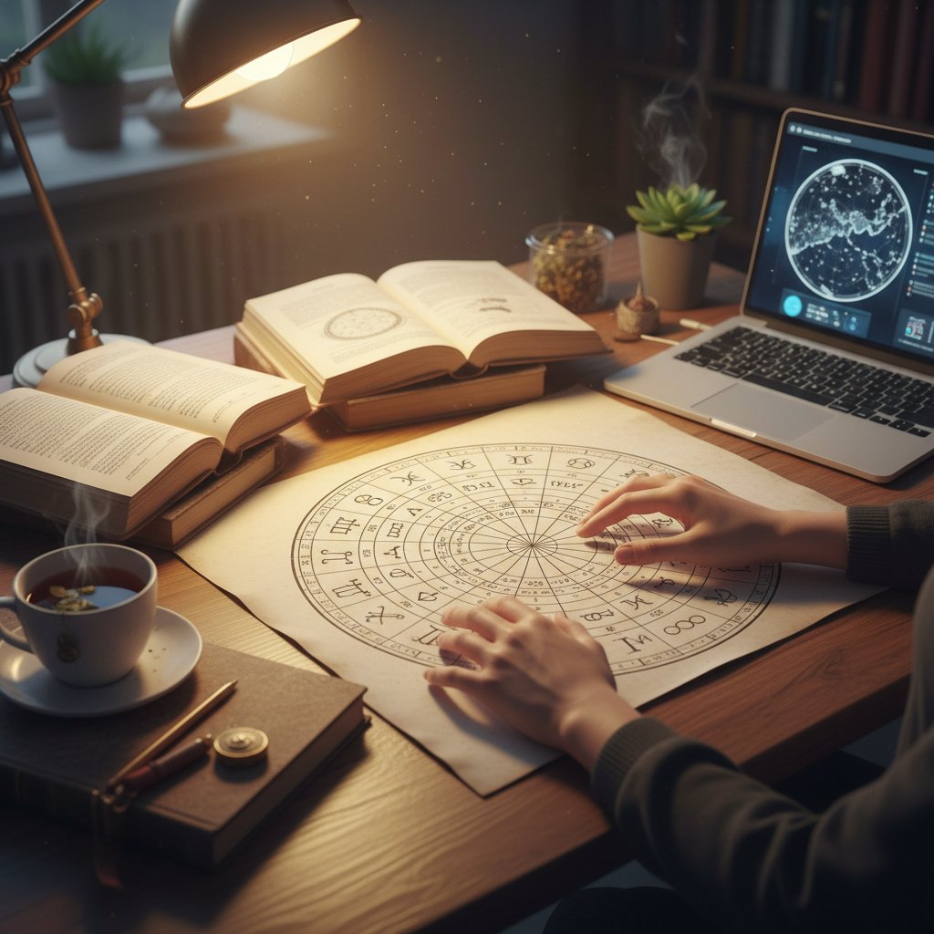 Analiza wykresu urodzeniowego pod kątem wyboru kariery – ręce na astrologicznej mapie, książki i laptop, ciepłe światło