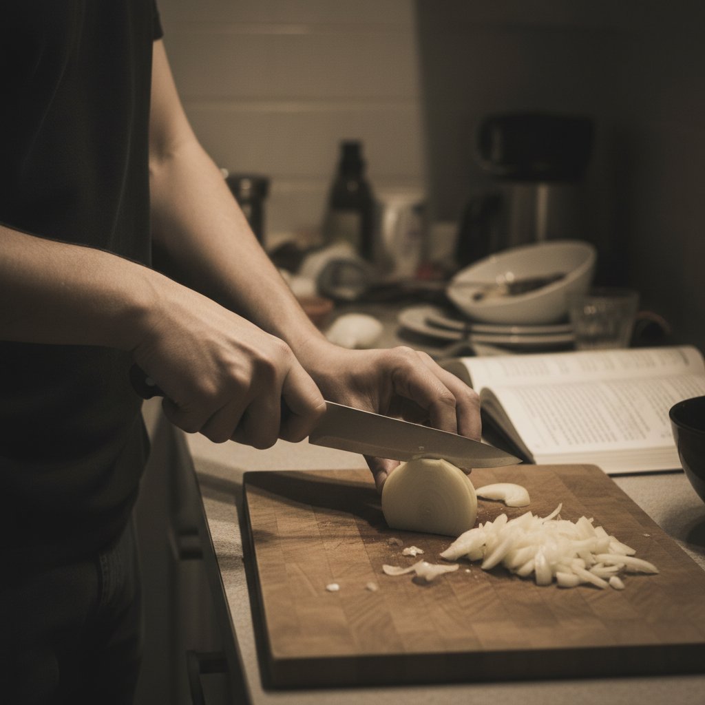 Ręce początkującego kucharza próbujące posiekać cebulę – nauka gotowania od podstaw
