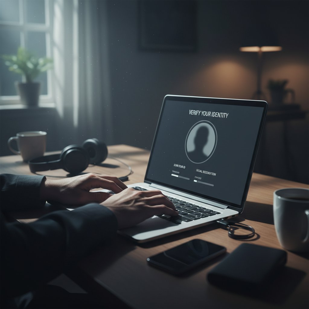 Dłonie piszące na laptopie z widocznym oknem weryfikacji tożsamości online, nastrojowe oświetlenie