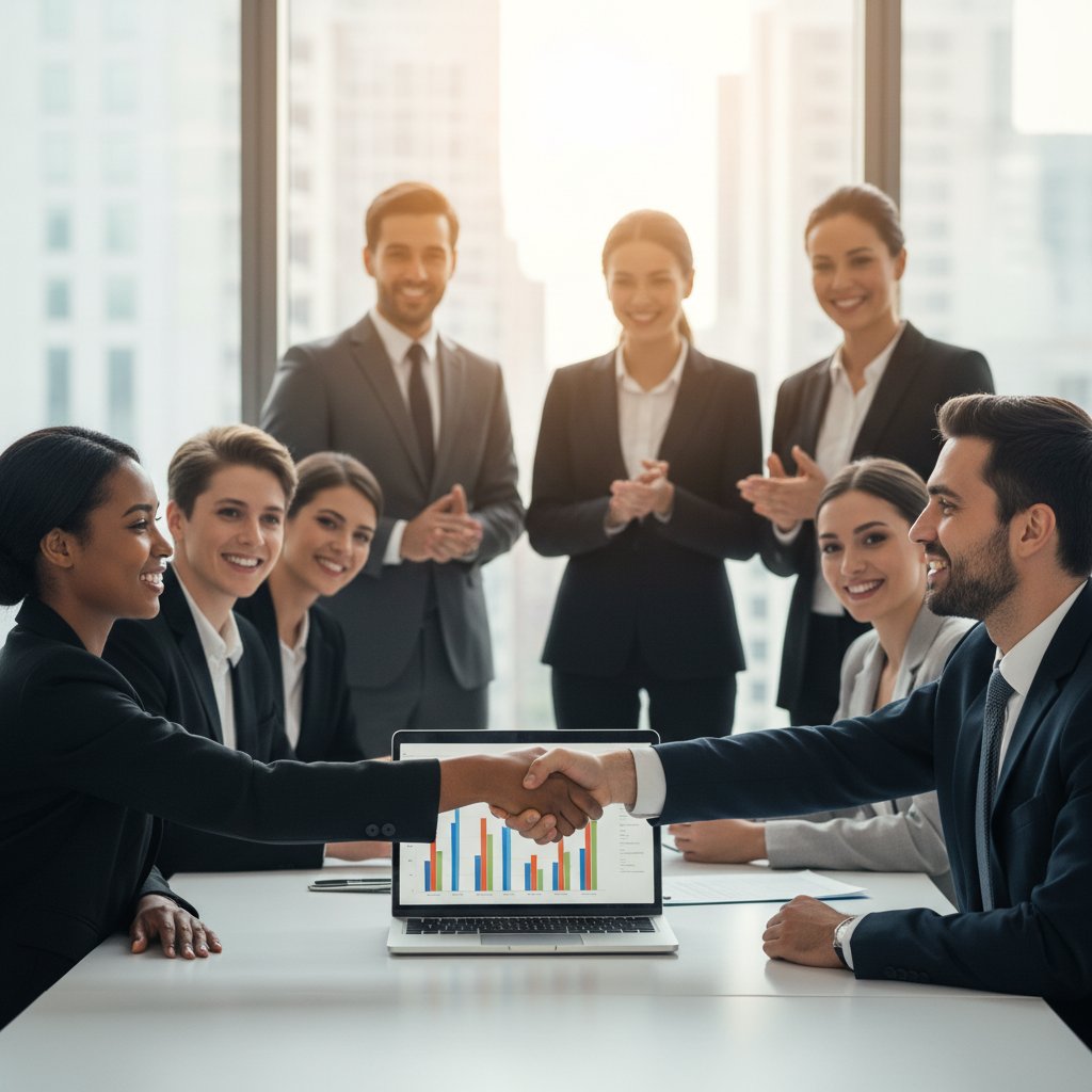Uścisk dłoni między przedsiębiorcami różnych narodowości przy komputerze