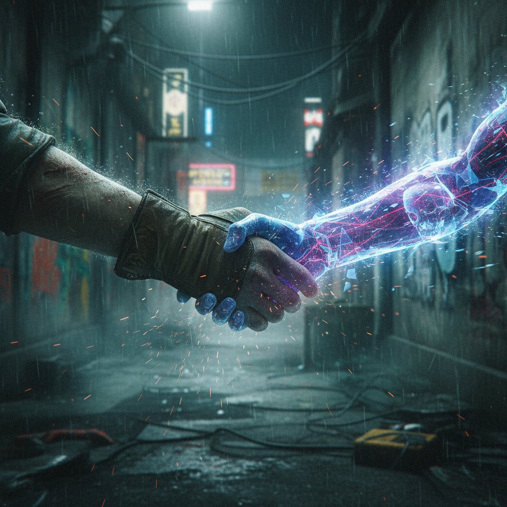 Symboliczne zdjęcie uścisku dłoni człowieka i cyfrowego awatara – partnerstwo człowieka i AI