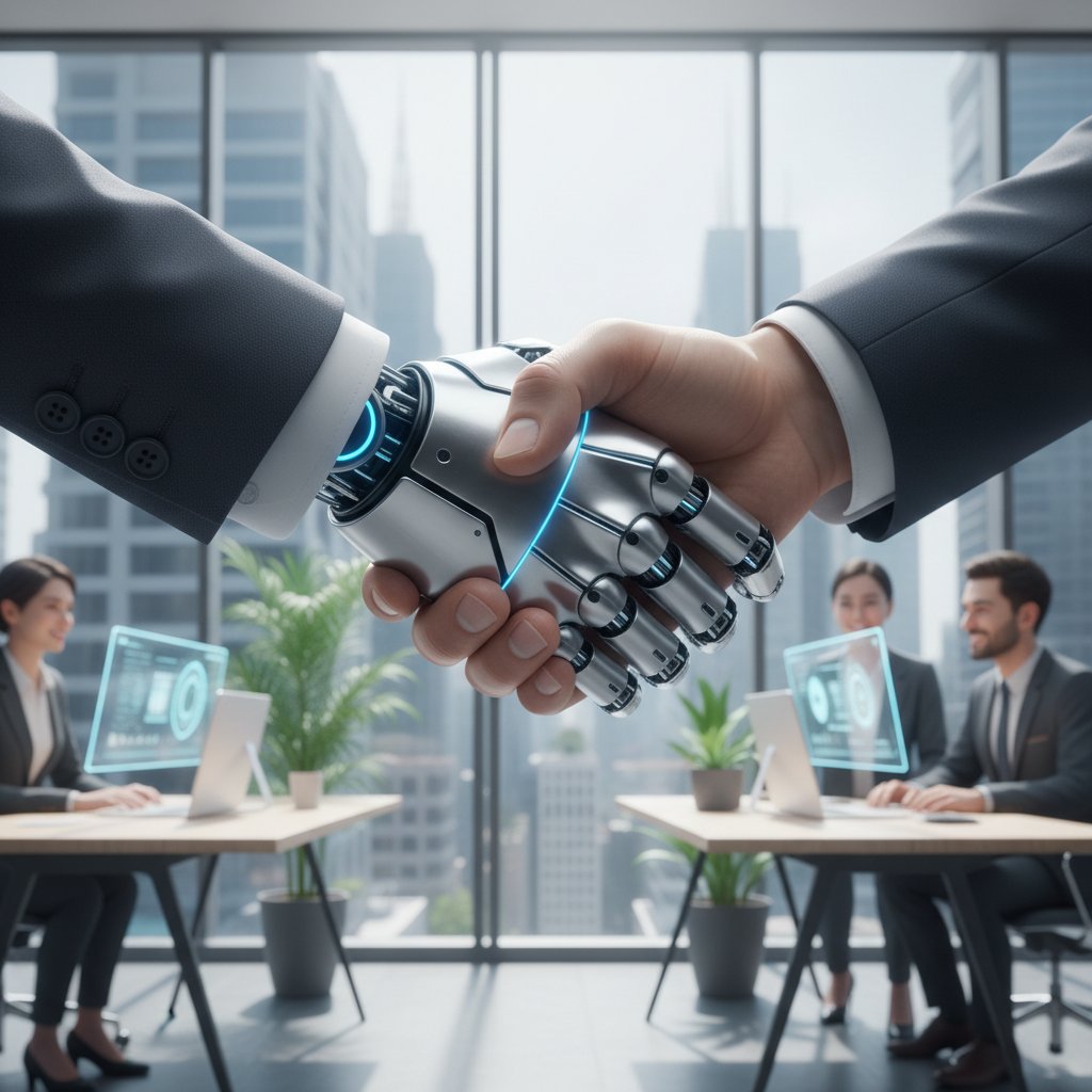 Uścisk dłoni człowieka i robota – symbol współpracy HR i AI, nowoczesne biuro, współpraca