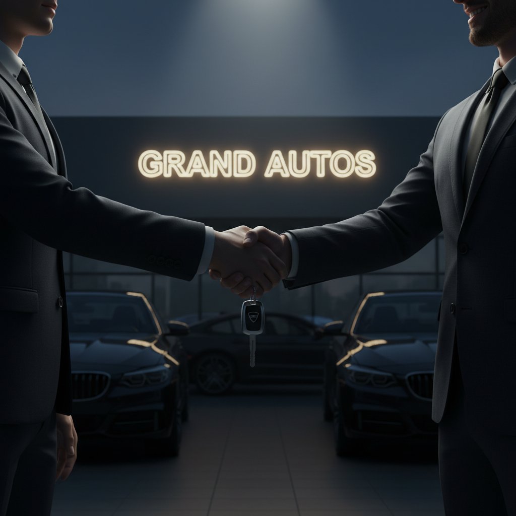 Ambiguous handshake over car keys in a dealership office, suspenseful mood, edgy lighting