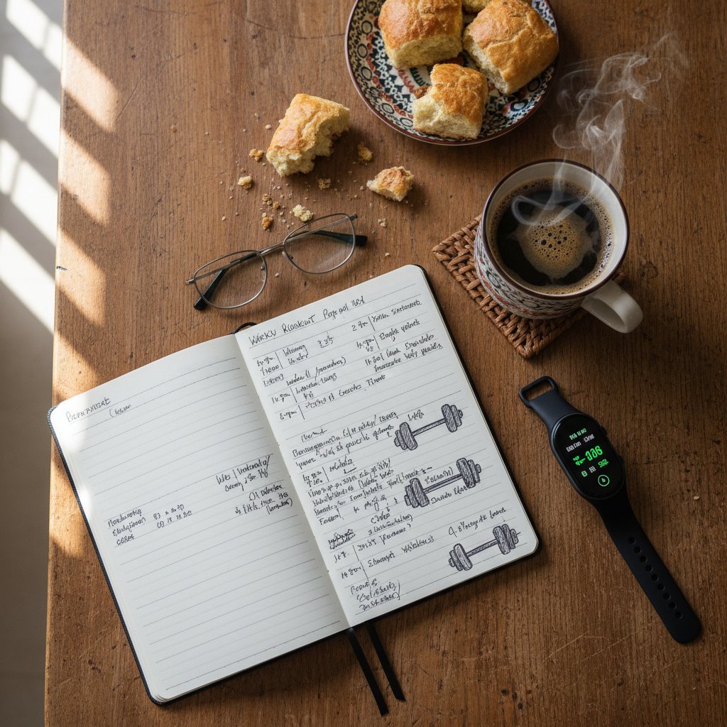 Dziennik, zegarek i kawa na stole – codzienność aktywnego Polaka, nawyki i postępy