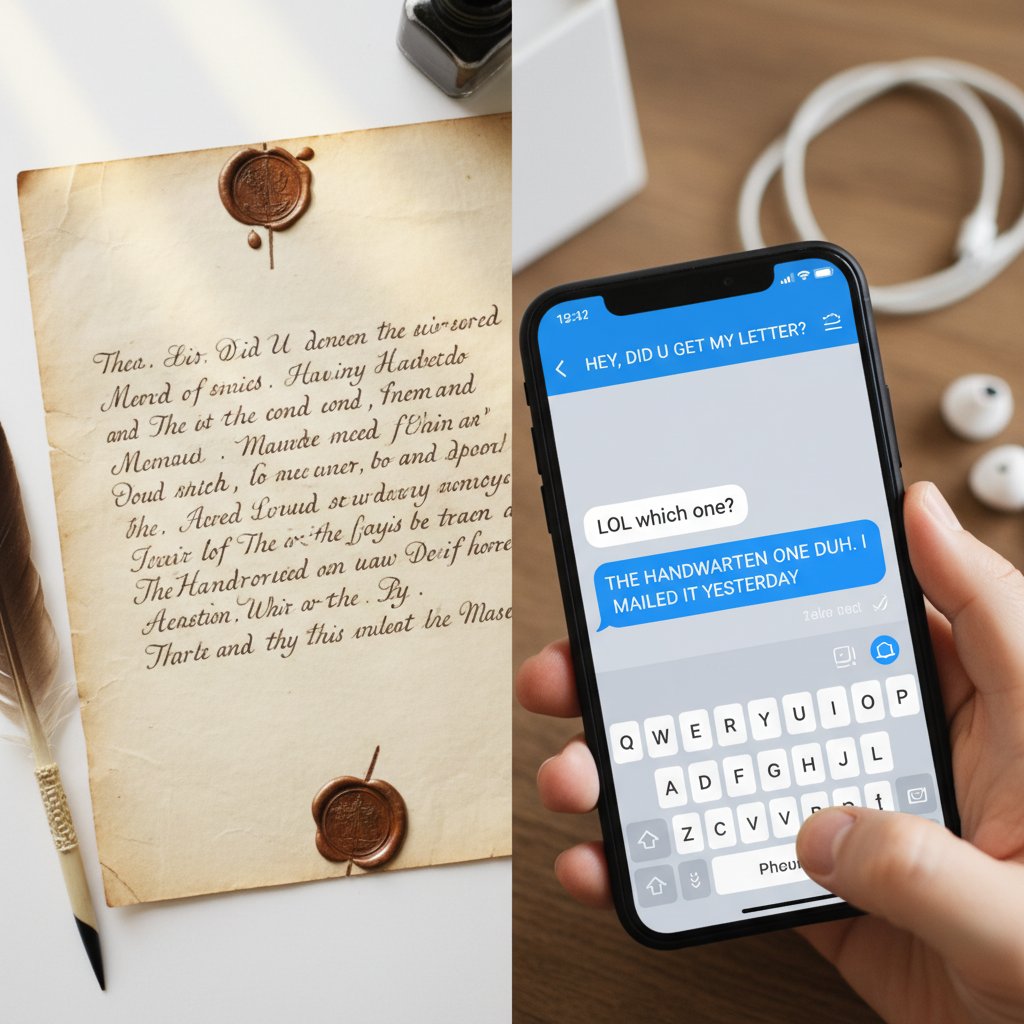 Handwritten letter and smartphone text in split-screen, showing evolution